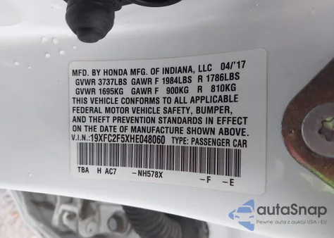 2017 Honda Civic Lx из США, поврежденный, VIN 19XFC2F5XHE048060